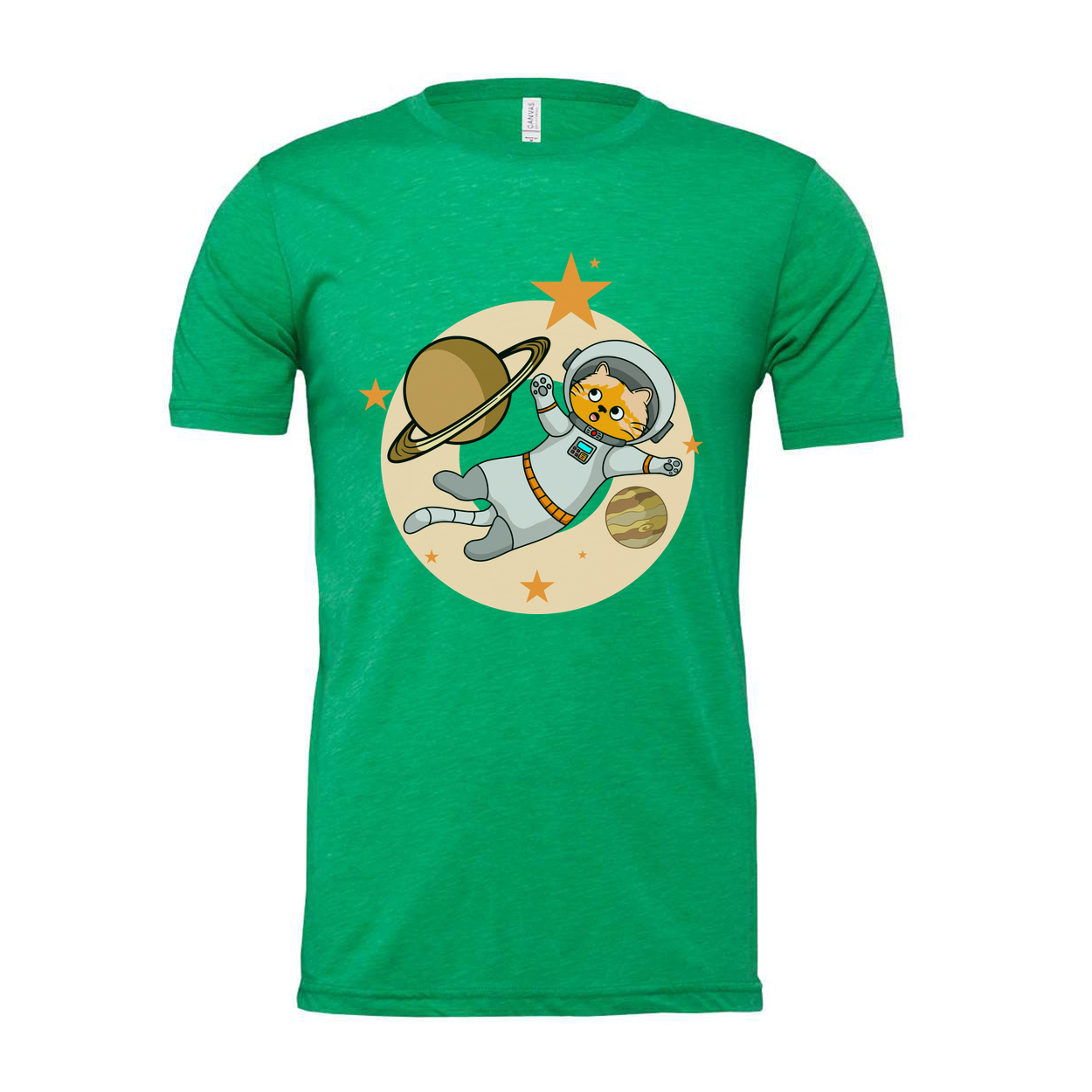 Space Cat Astronaut Floating Among Planets And Stars On Colorful Graphic Tee For Kids And Adults