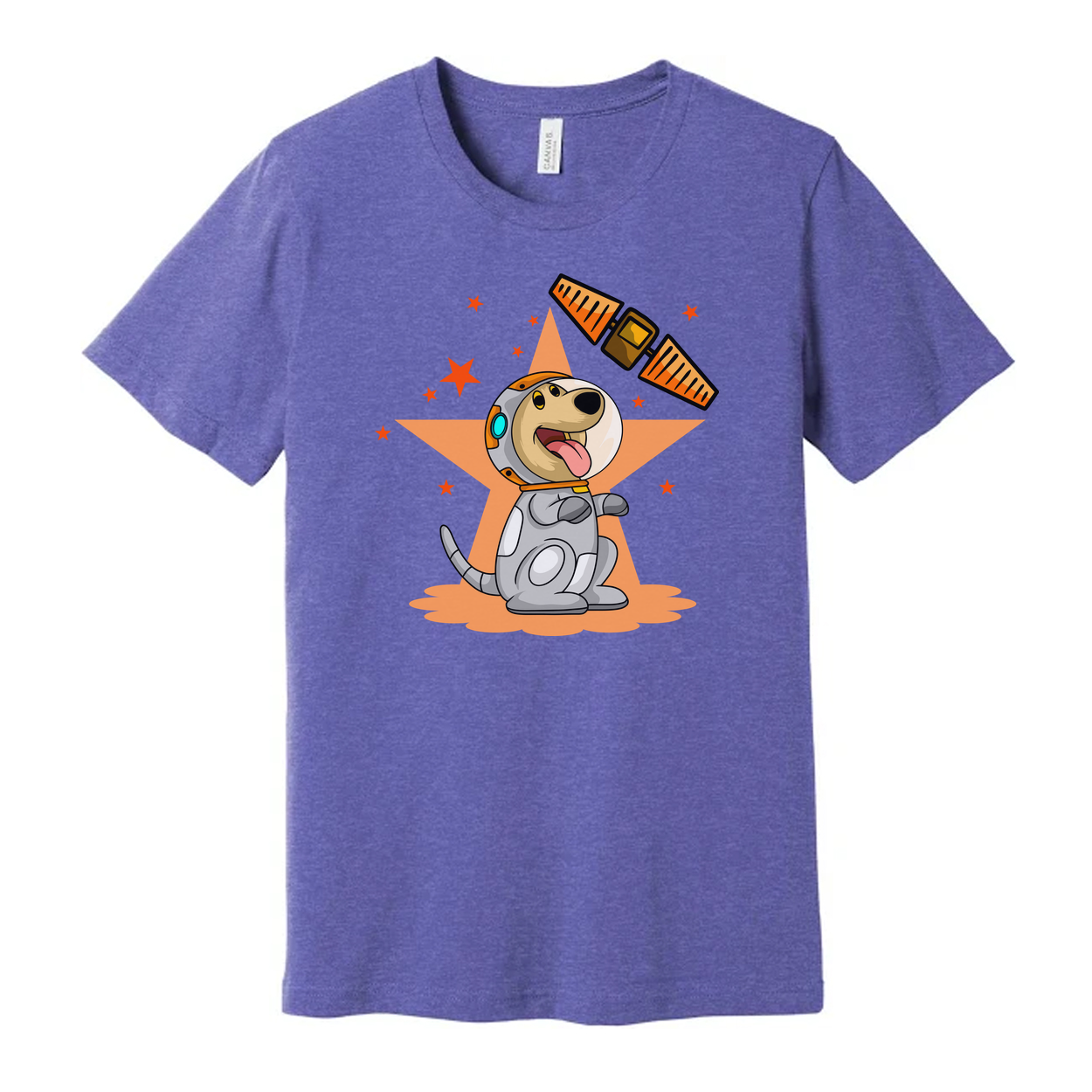 Space Dog Cartoon Graphic Tee With Orange Star Background And Satellite Illustration Design