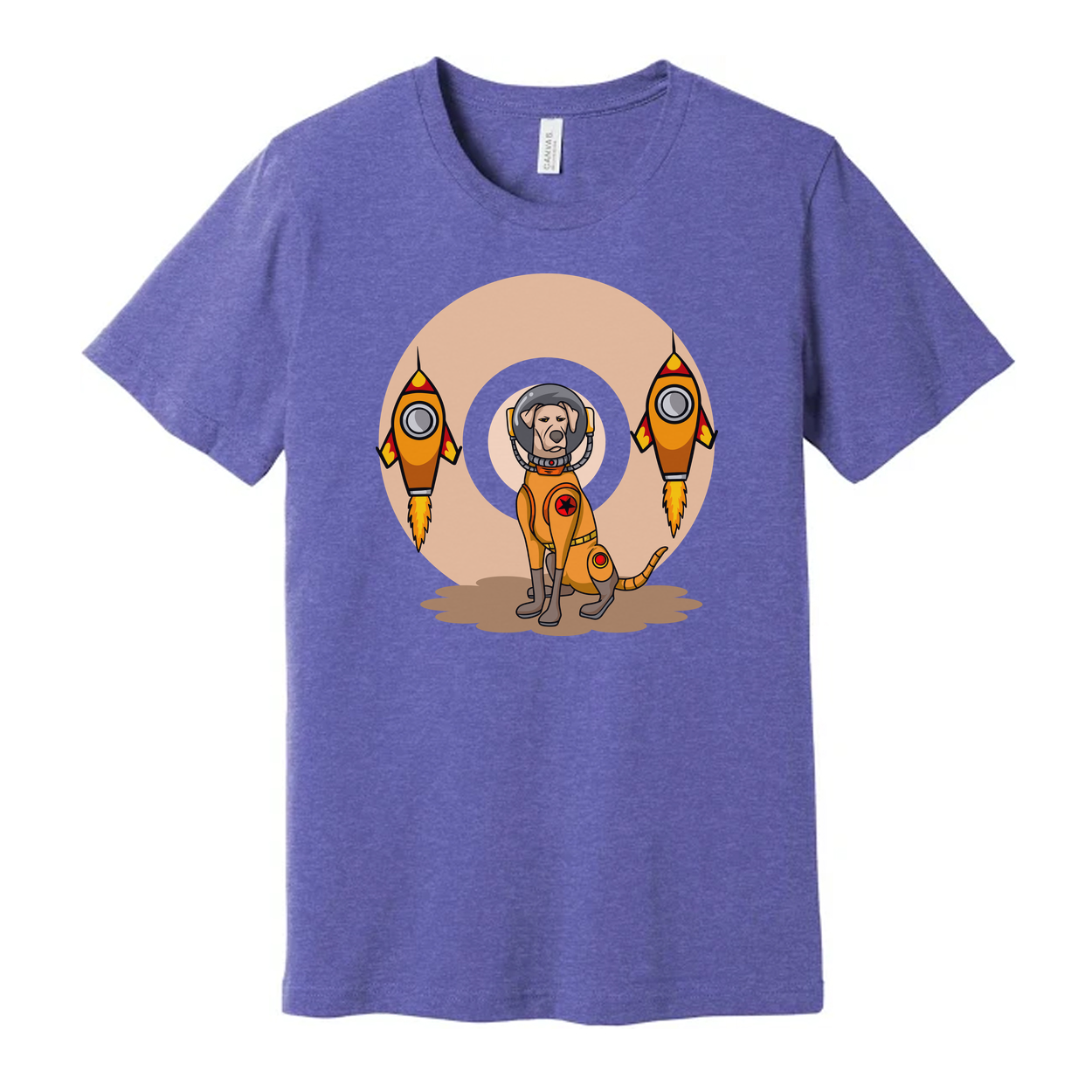 Space Explorer Dog T Shirt With Orange Lunar Rockets Design For Unisex Adults Enthusiasts