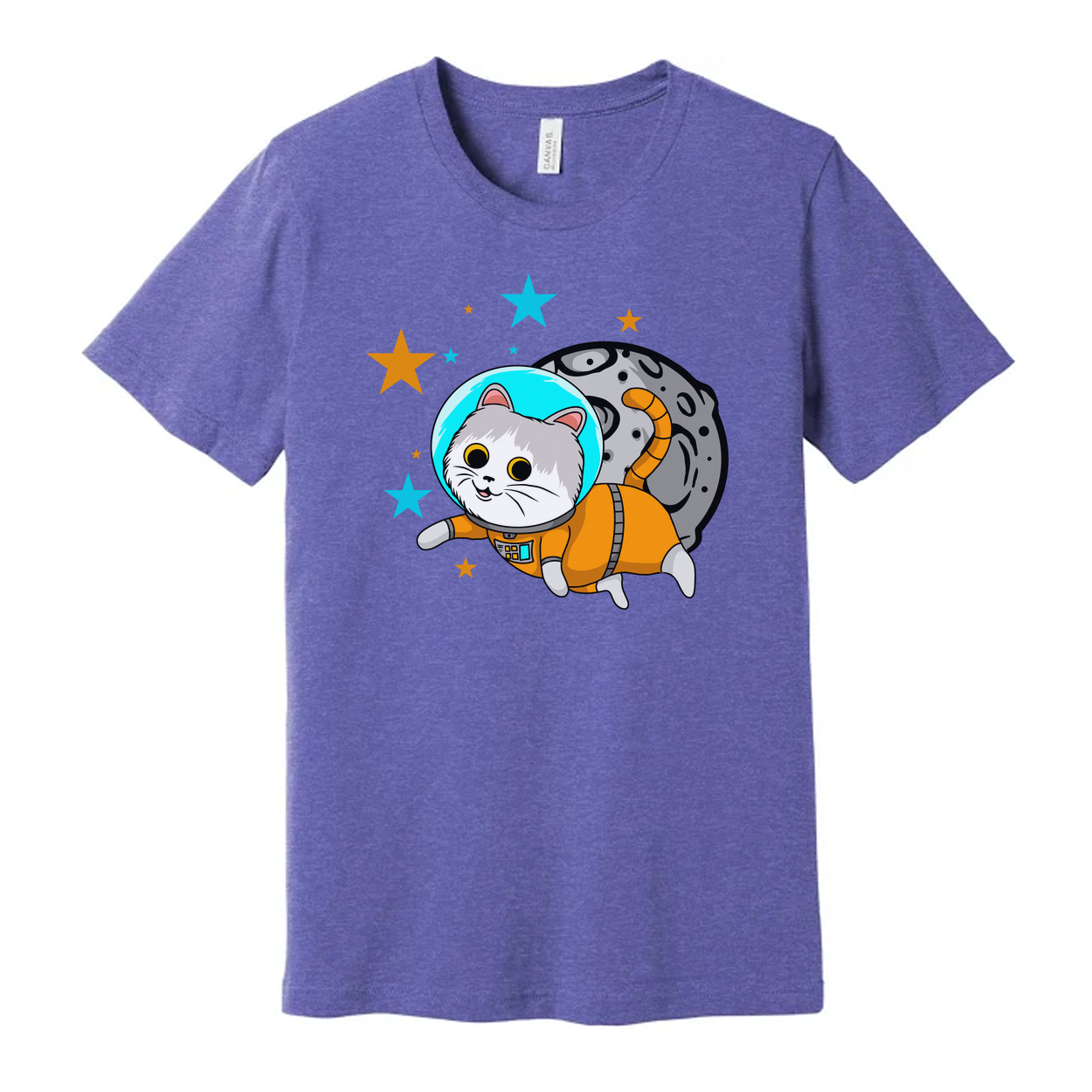 Space Cat Astronaut Cartoon Unisex T Shirt With Orange Spacesuit And Moon Backdrop