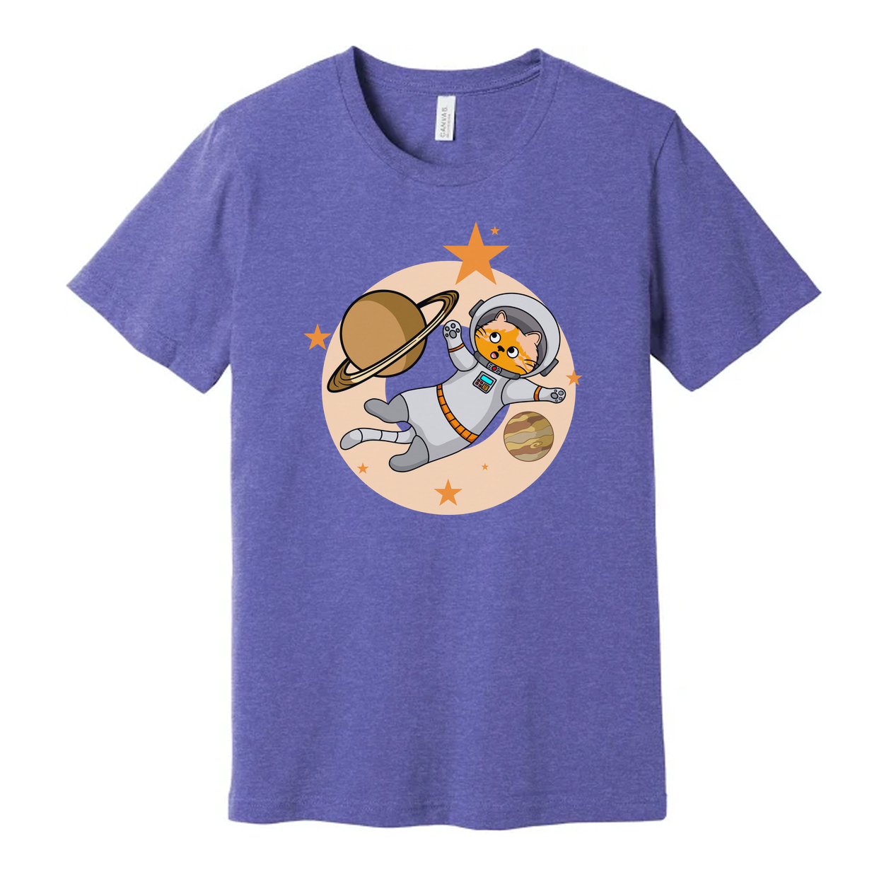 Space Cat Astronaut Floating Among Planets And Stars On Colorful Graphic Tee For Kids And Adults