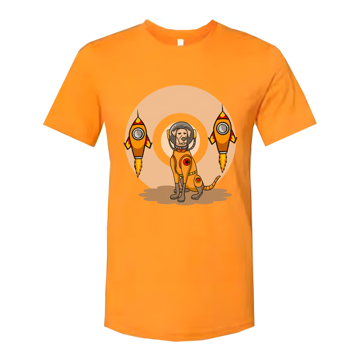 Space Explorer Dog T Shirt With Orange Lunar Rockets Design For Unisex Adults Enthusiasts
