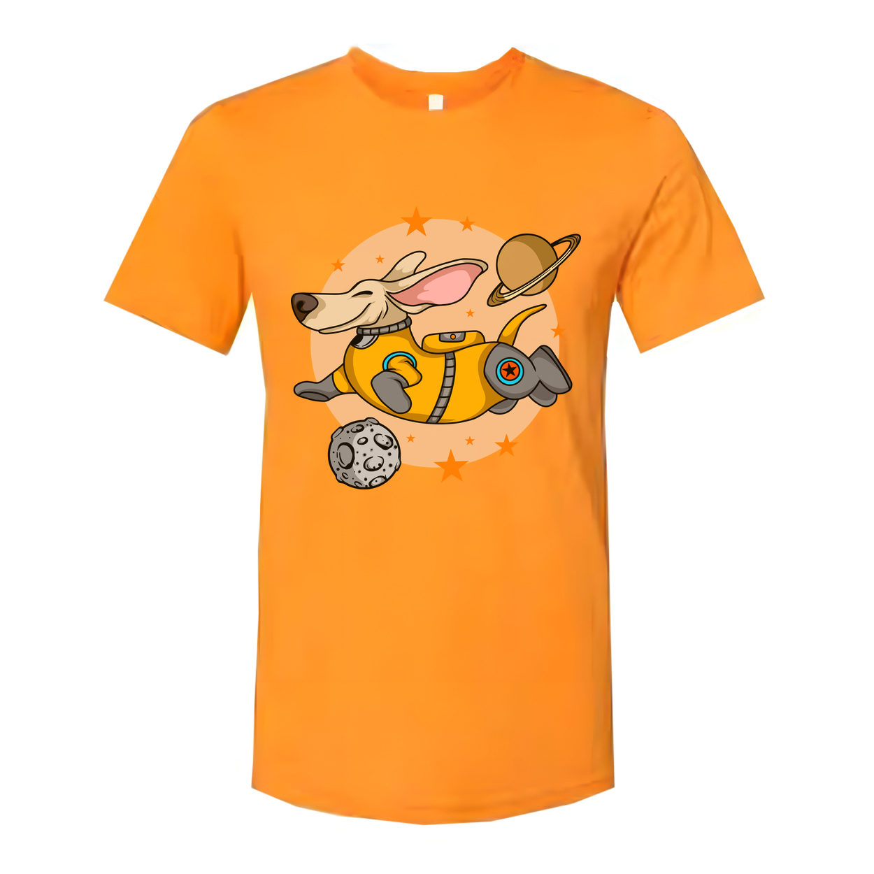 Space Dog Astronaut Cartoon Unisex Tee With Planets And Stars Graphic Shirt For Adults