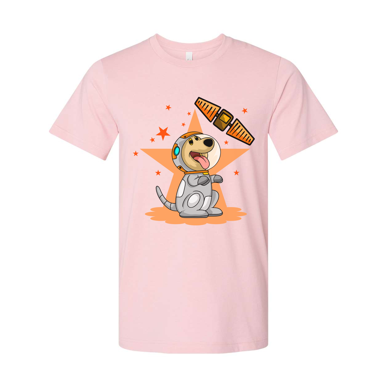 Space Dog Cartoon Graphic Tee With Orange Star Background And Satellite Illustration Design