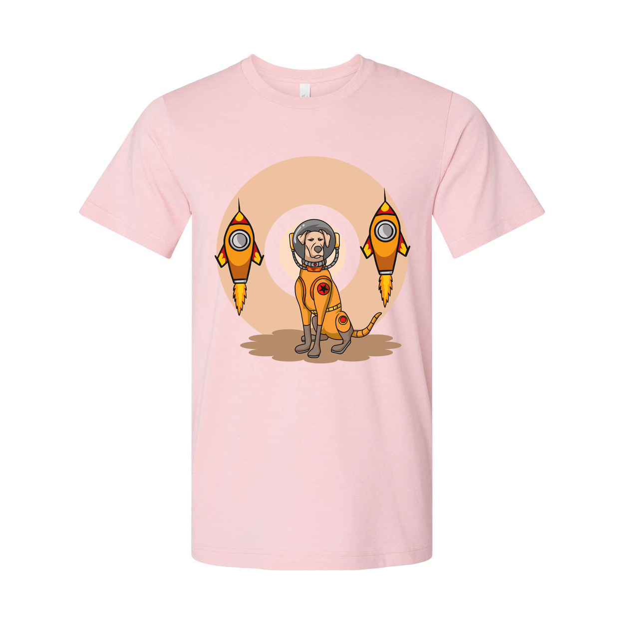 Space Explorer Dog T Shirt With Orange Lunar Rockets Design For Unisex Adults Enthusiasts