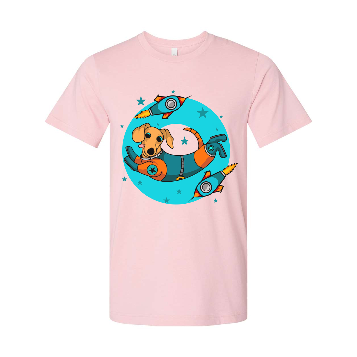 Space Dog In Astronaut Suit Surrounded By Rockets And Stars Graphic Unisex T Shirt