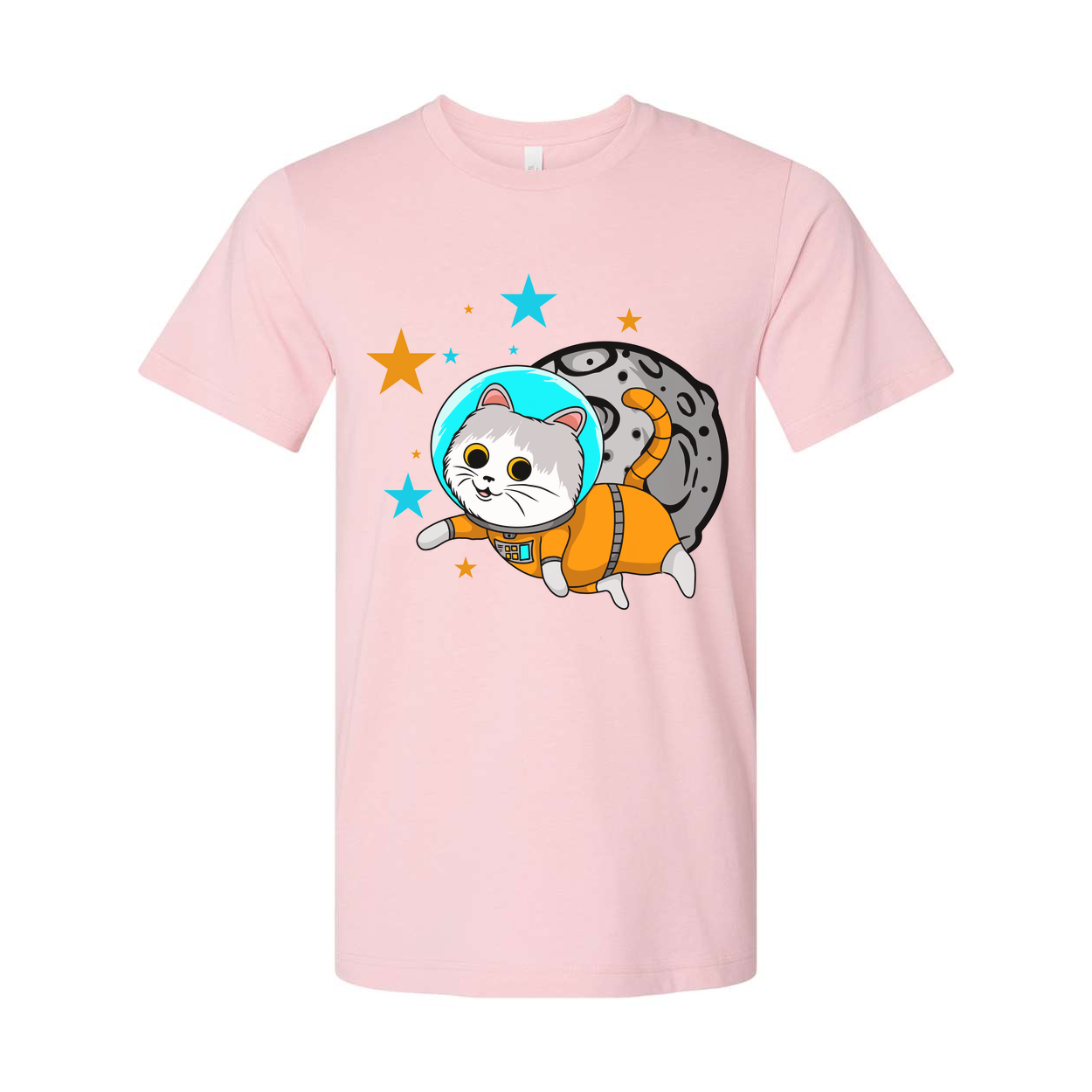 Space Cat Astronaut Cartoon Unisex T Shirt With Orange Spacesuit And Moon Backdrop