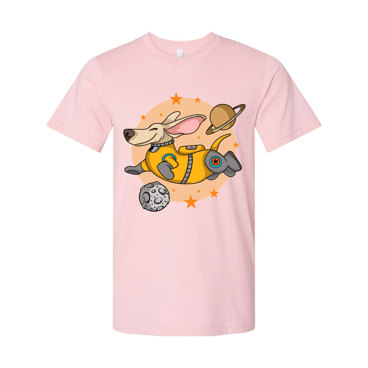 Space Dog Astronaut Cartoon Unisex Tee With Planets And Stars Graphic Shirt For Adults