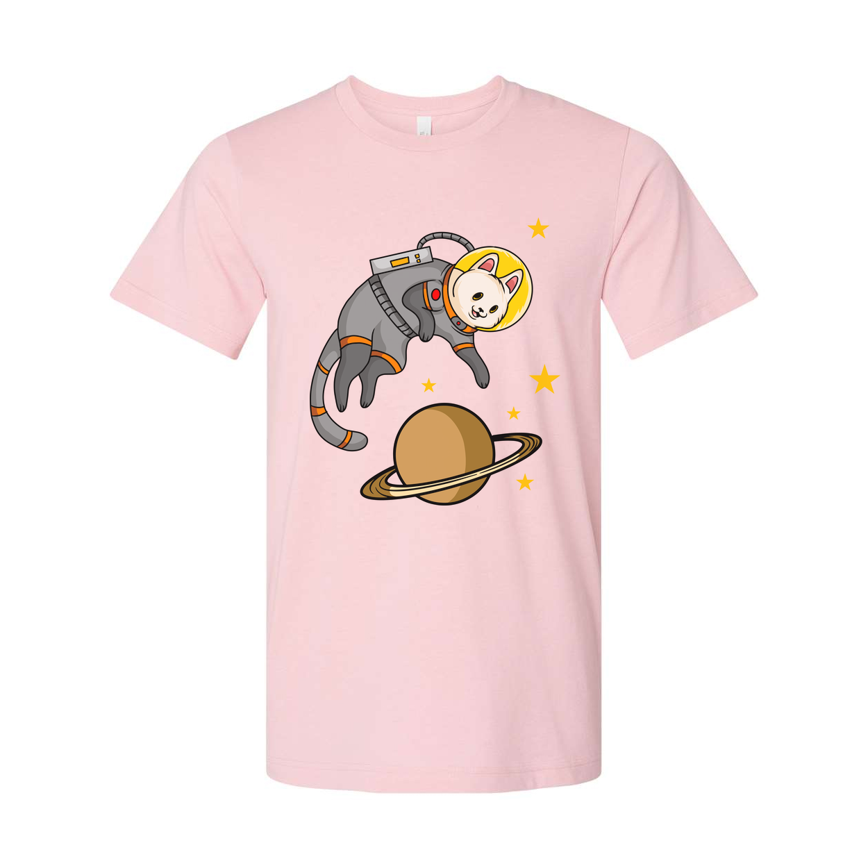 Unisex Space Cat Astronaut Graphic Tee Featuring Saturn Planet And Starry Space Scene
