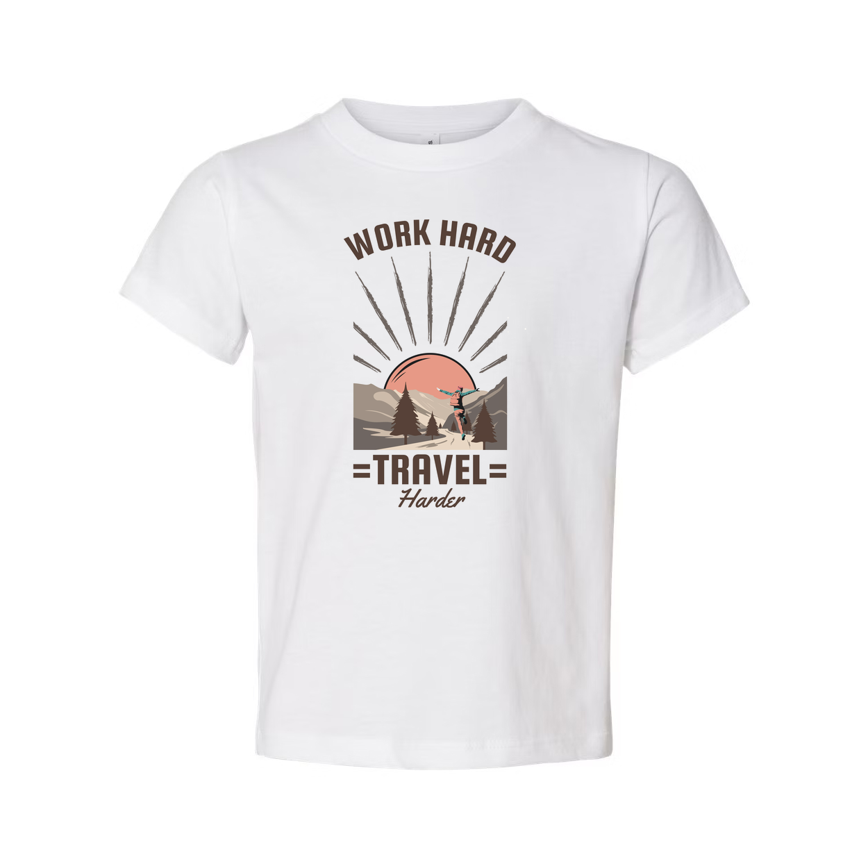 Work Hard Travel Harder Outdoor Adventure Graphic T Shirt With Sunrise Mountain Trail Design For Unisex