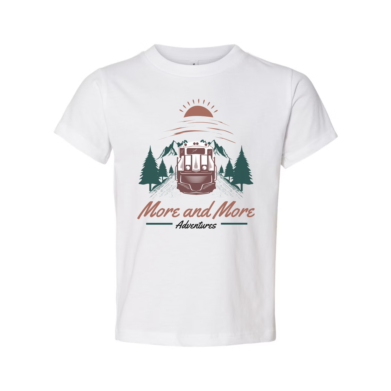 More And More Adventures Graphic Unisex T Shirt Featuring Mountain Range Pines And Sunrise