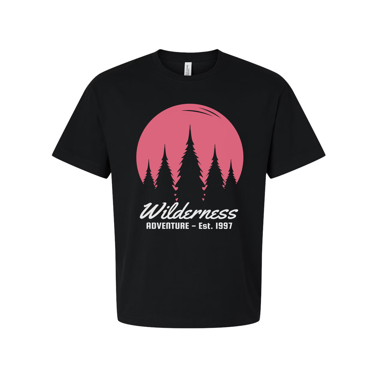 Wilderness Adventure Graphic Tee With Pink Sunset Pine Tree Silhouettes For Outdoors Unisex