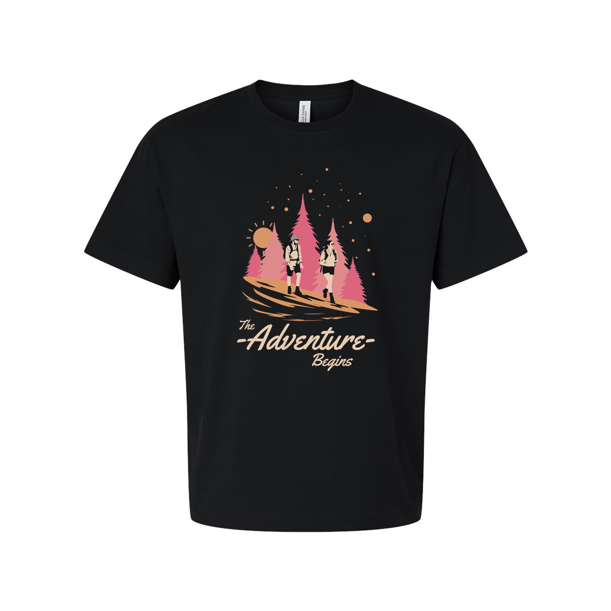 Unisex Outdoors Graphic Tee With The Adventure Begins Forest Scene And Hikers Design