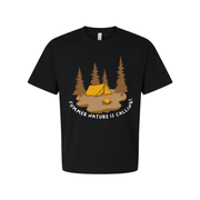 Camping Scene Graphic Tee With Tent And Campfire Among Pines For Unisex Outdoor Adventure