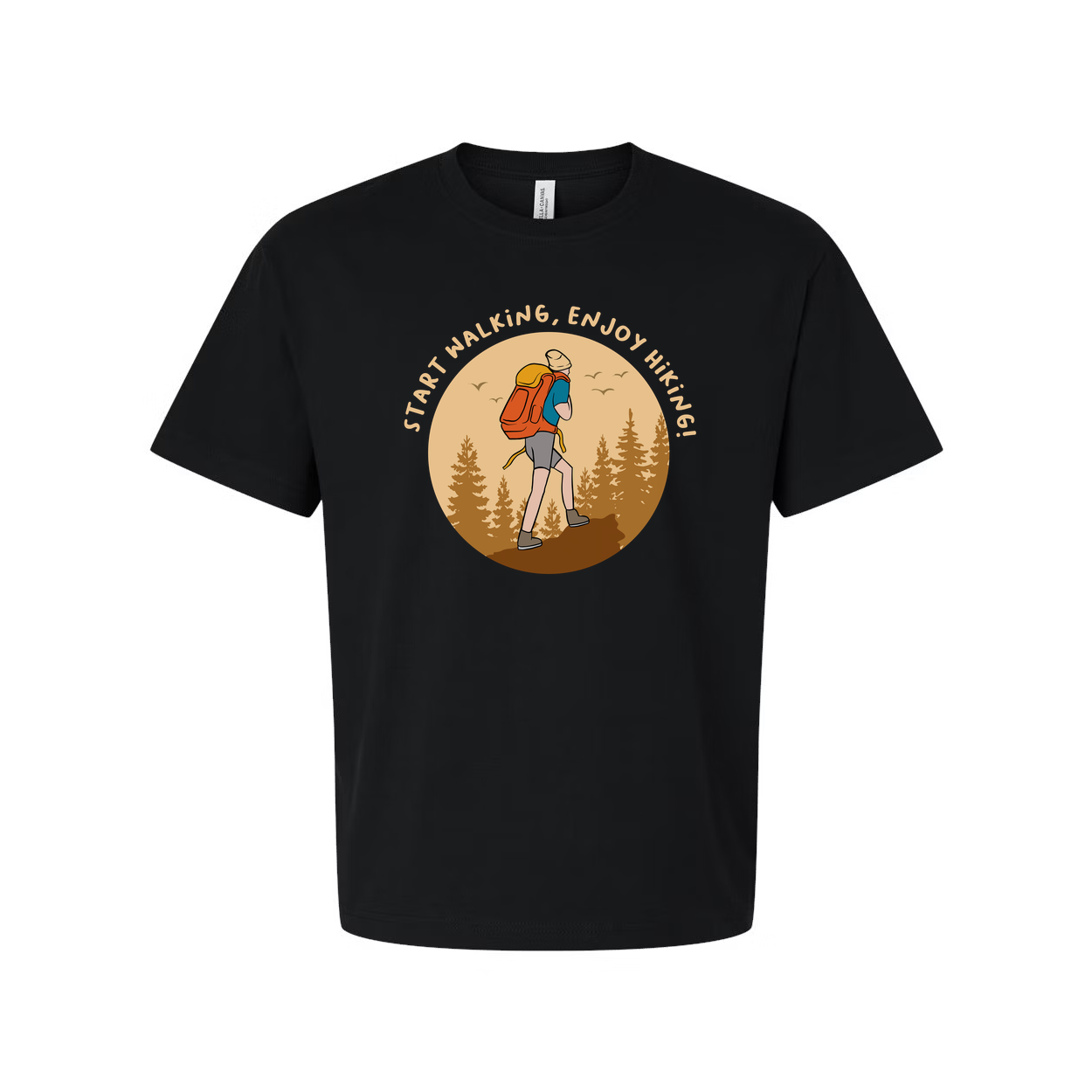 Unisex Outdoor Hiking T Shirt With Hiker Illustration In Circular Forest Scene For Adventurers