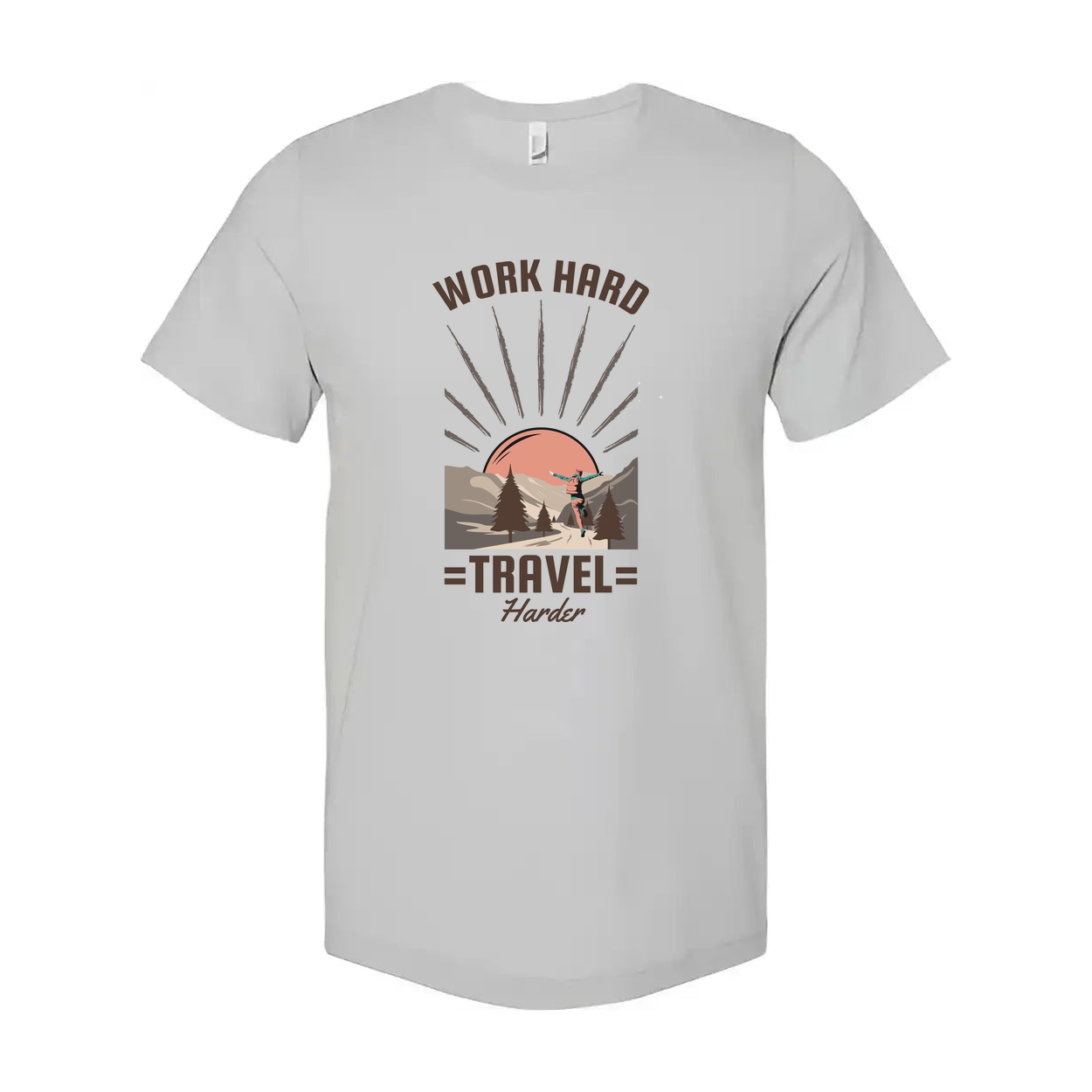 Work Hard Travel Harder Outdoor Adventure Graphic T Shirt With Sunrise Mountain Trail Design For Unisex