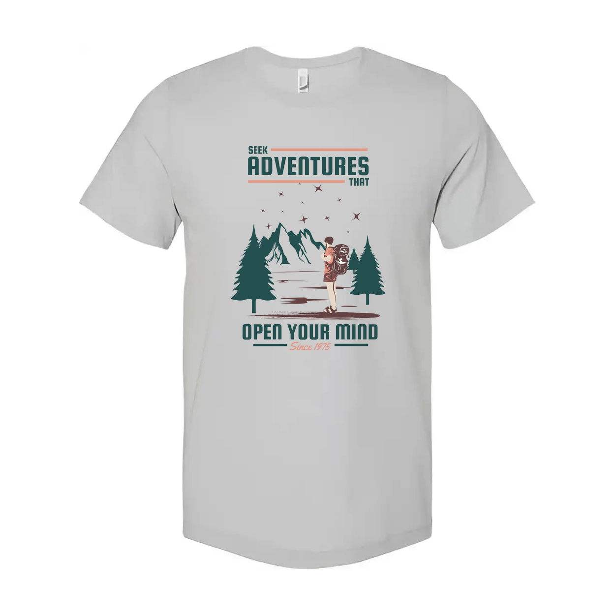 Unisex Outdoor Adventures T Shirt With Mountain Range And Forest Silhouette Artwork Open Your Mind Theme