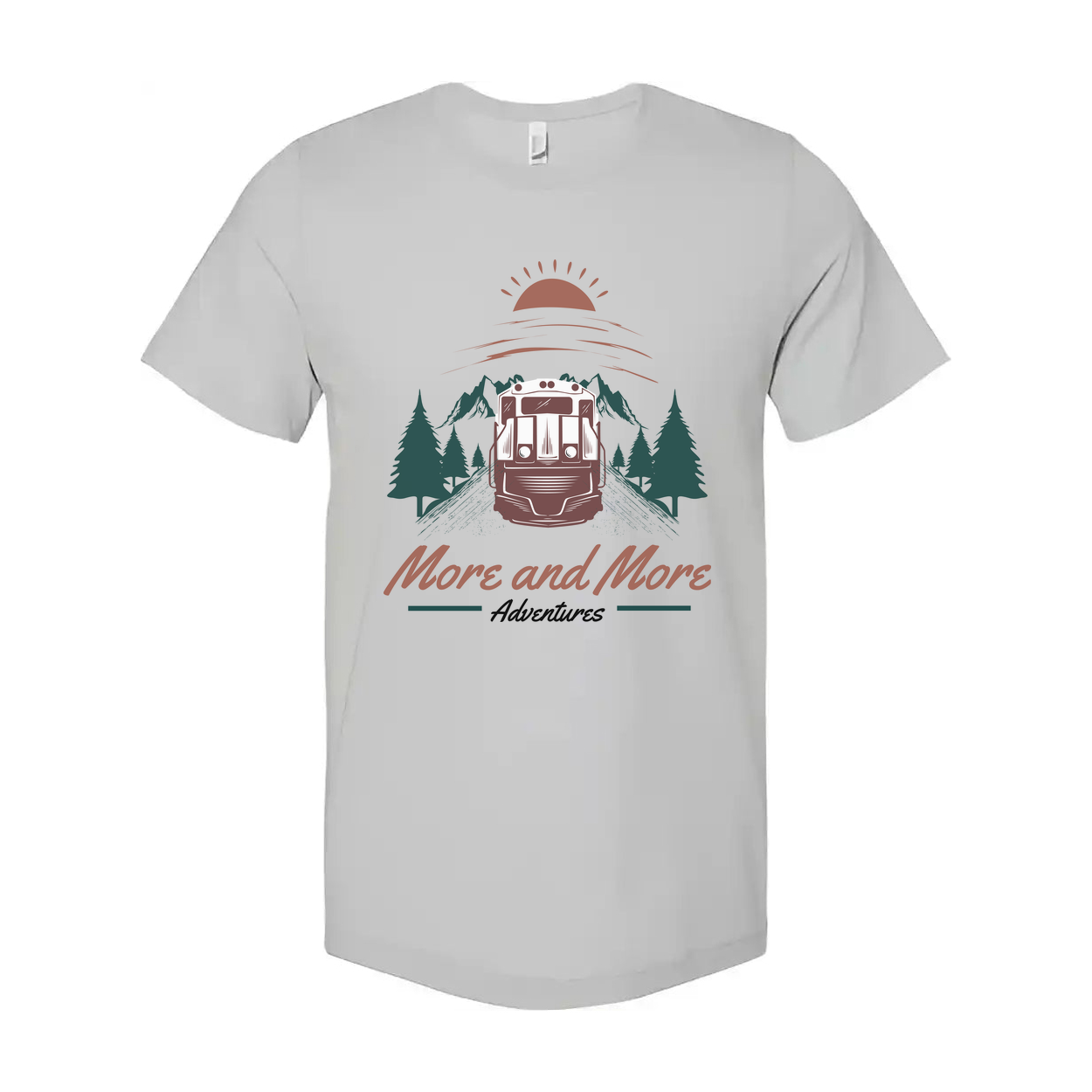 More And More Adventures Graphic Unisex T Shirt Featuring Mountain Range Pines And Sunrise