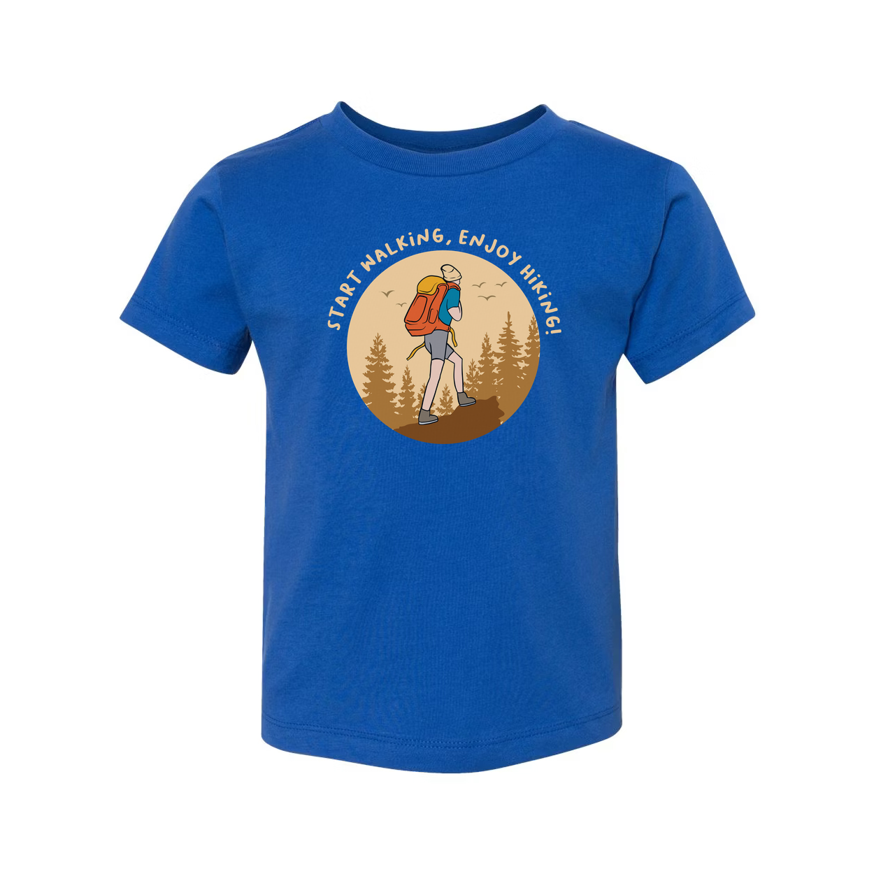 Unisex Outdoor Hiking T Shirt With Hiker Illustration In Circular Forest Scene For Adventurers