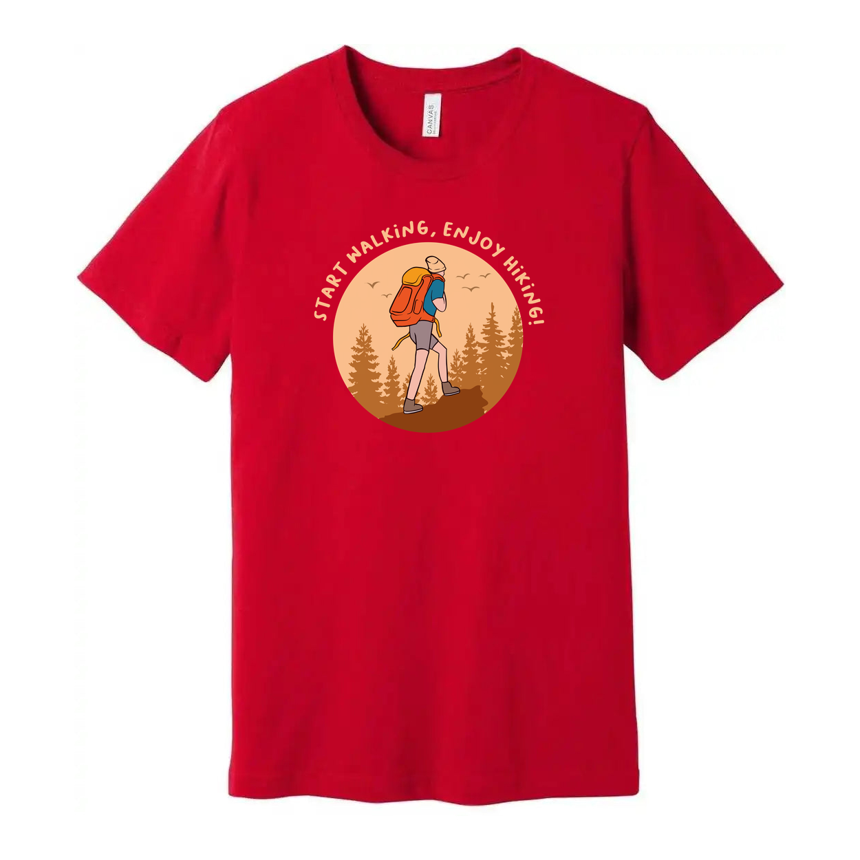 Unisex Outdoor Hiking T Shirt With Hiker Illustration In Circular Forest Scene For Adventurers