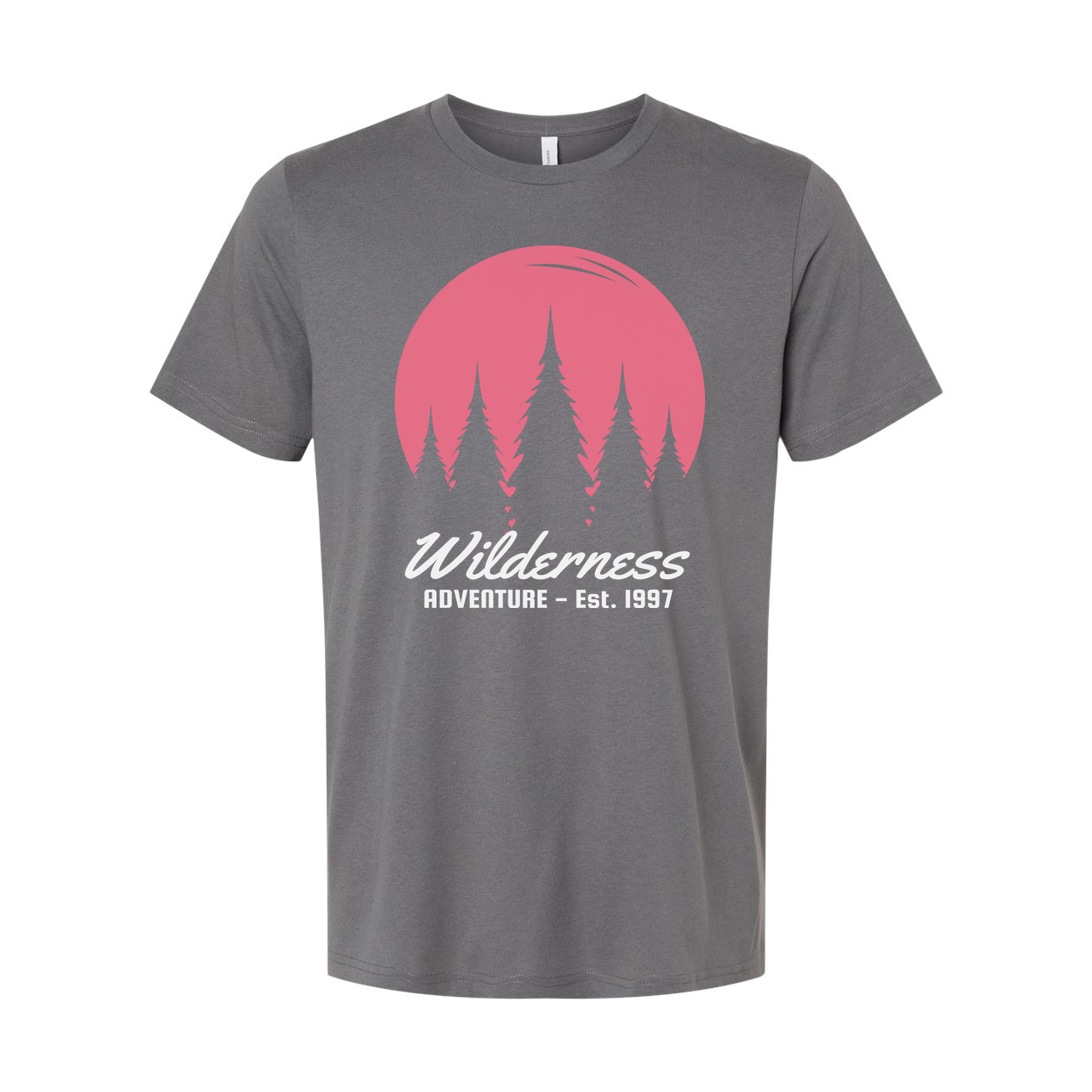 Wilderness Adventure Graphic Tee With Pink Sunset Pine Tree Silhouettes For Outdoors Unisex