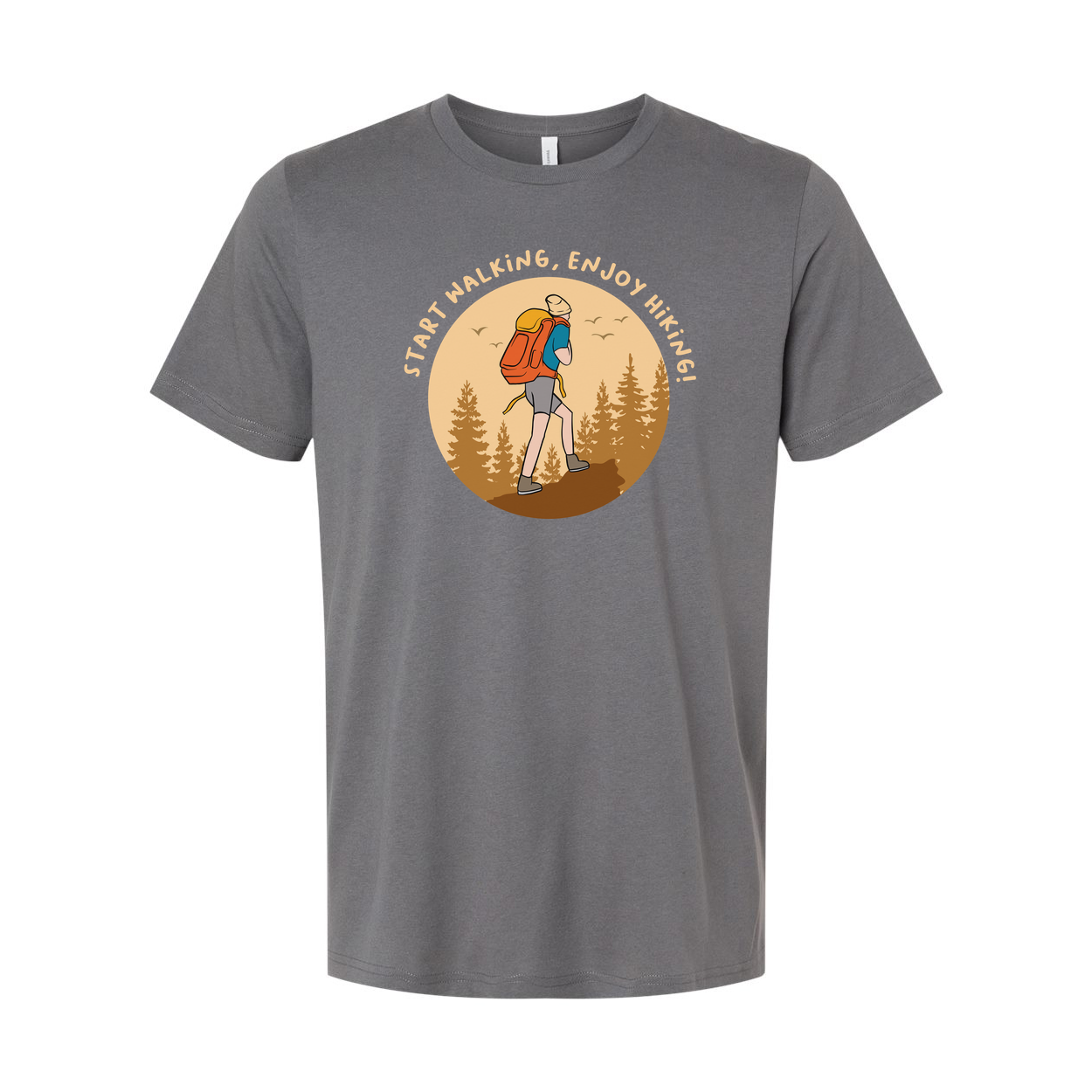 Unisex Outdoor Hiking T Shirt With Hiker Illustration In Circular Forest Scene For Adventurers