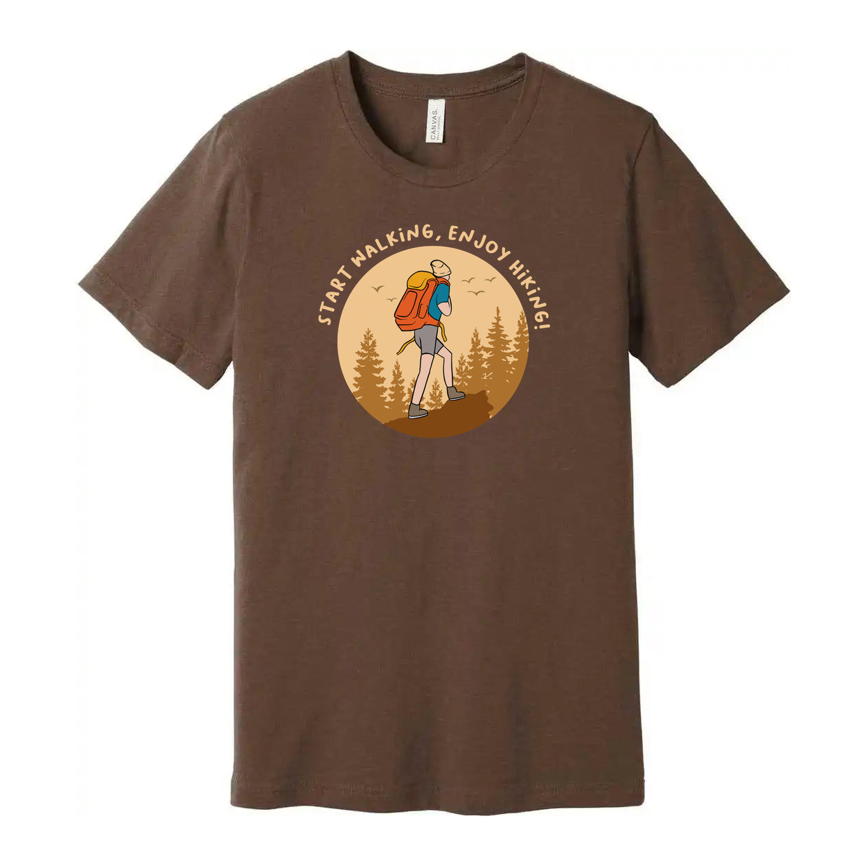 Unisex Outdoor Hiking T Shirt With Hiker Illustration In Circular Forest Scene For Adventurers
