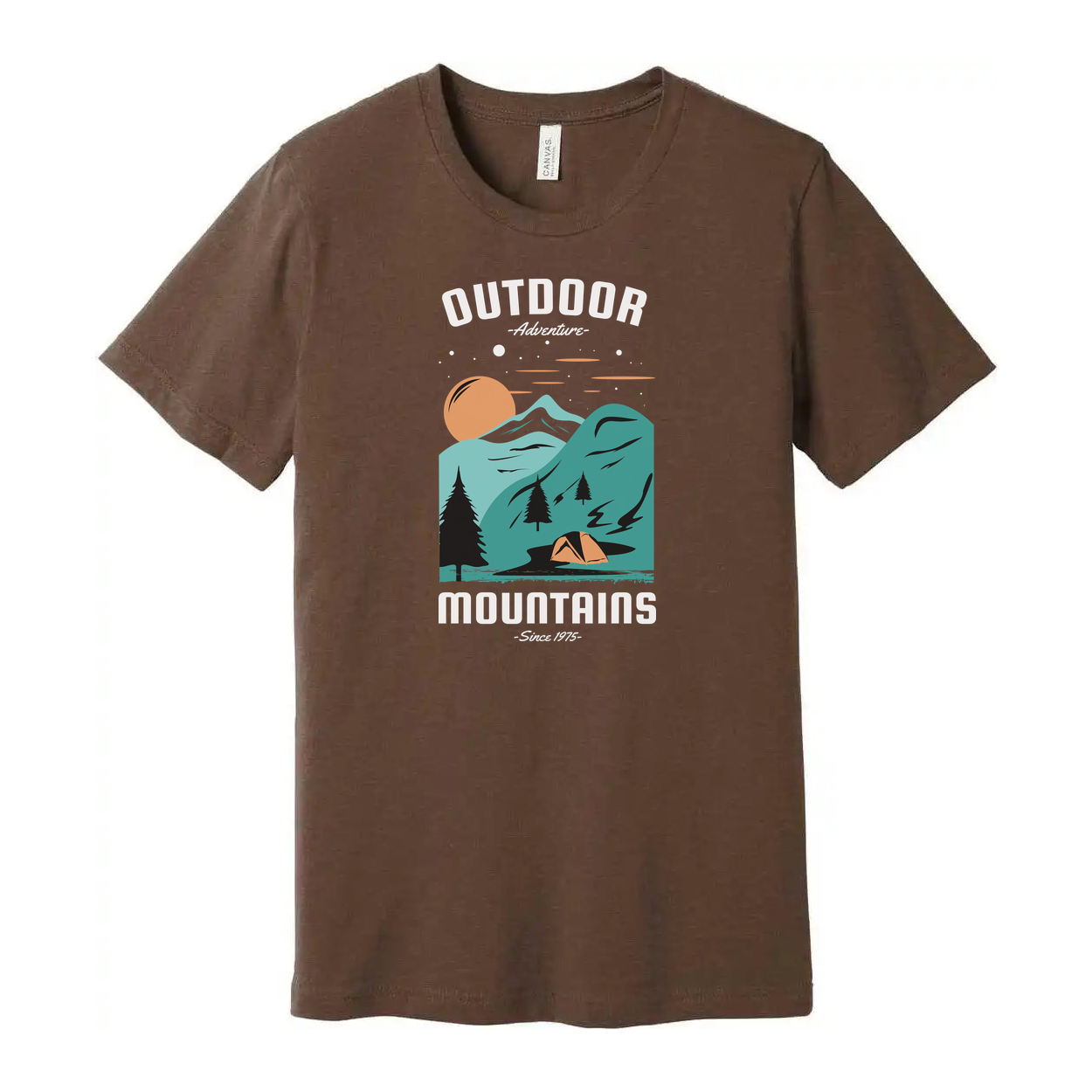 Unisex Outdoor Mountains Graphic Tee With Sunset Forest Scene And Tent For Adventure