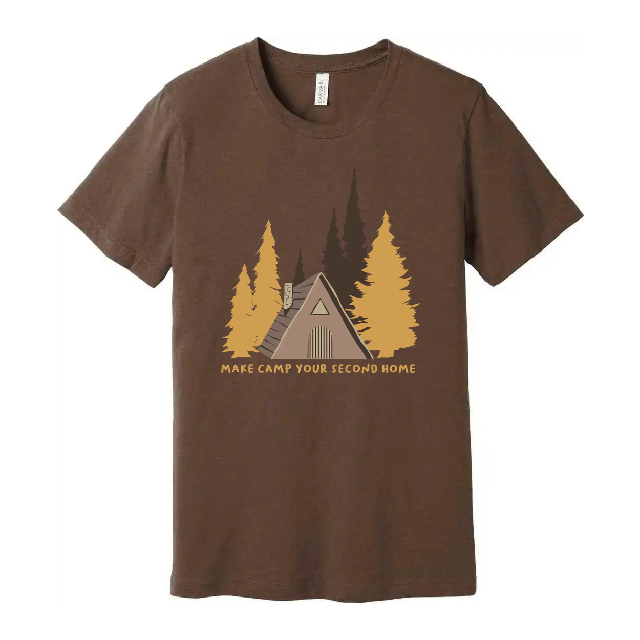Unisex Camping Graphic T Shirt With Forest Cabin And Tent Design For Outdoor Lovers