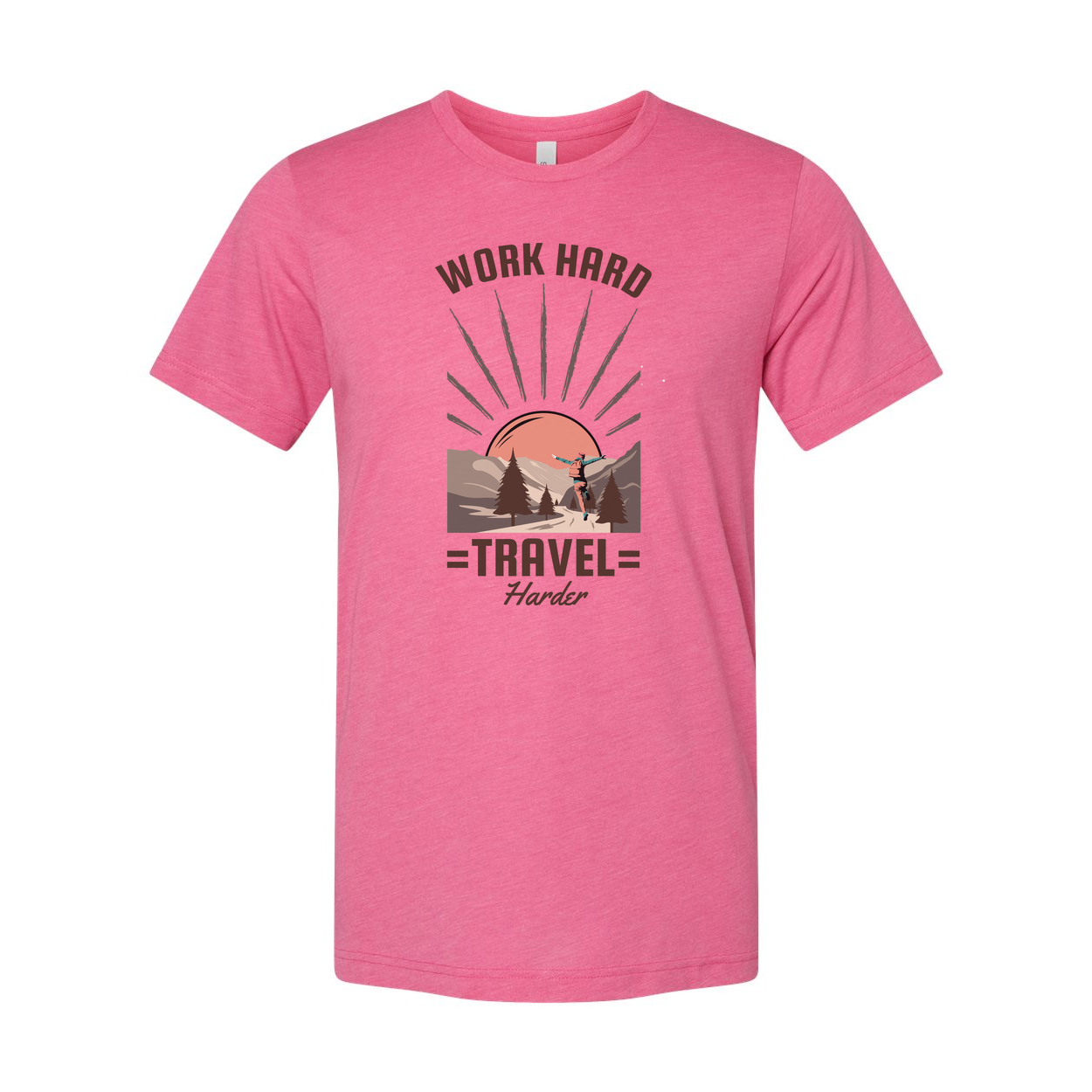 Work Hard Travel Harder Outdoor Adventure Graphic T Shirt With Sunrise Mountain Trail Design For Unisex