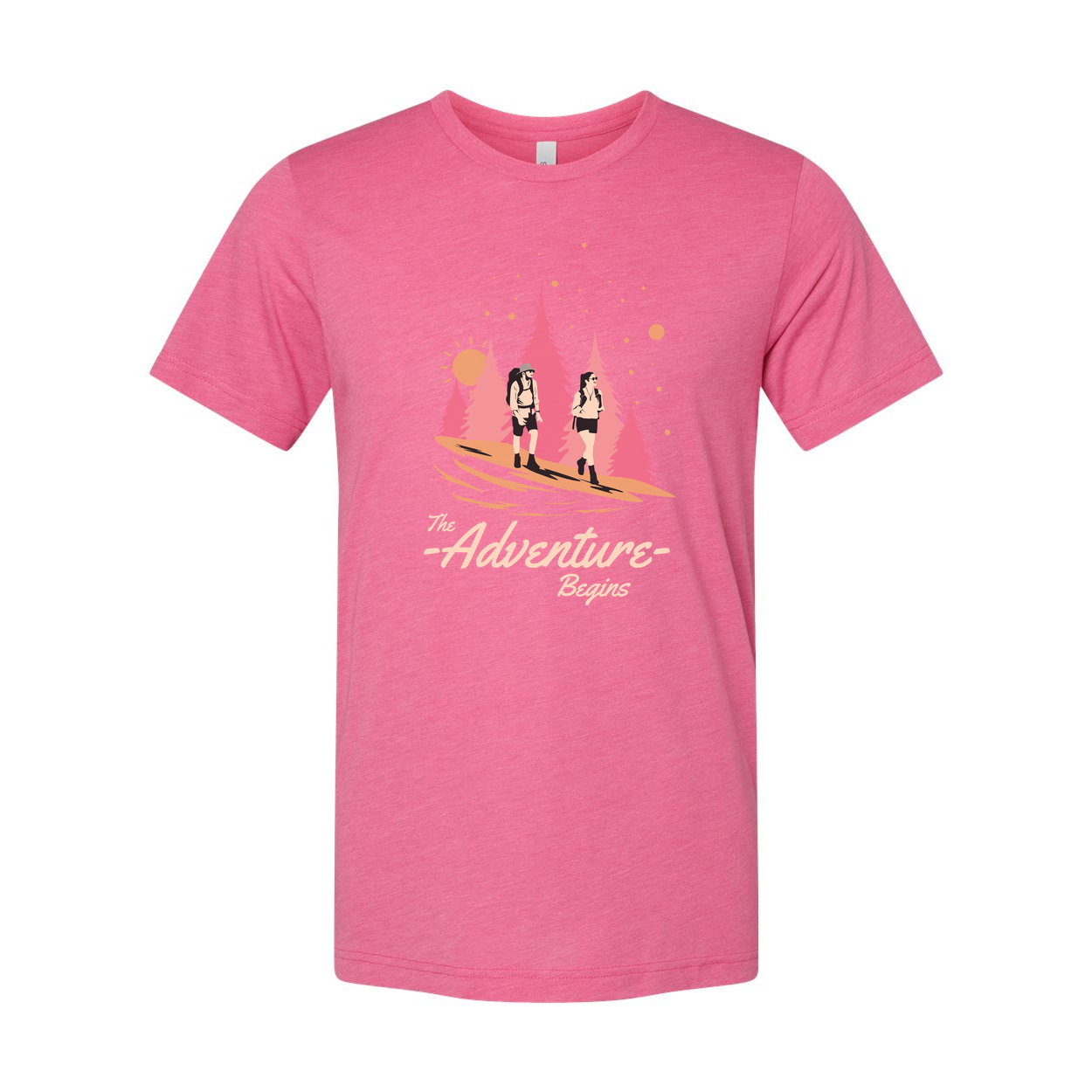 Unisex Outdoors Graphic Tee With The Adventure Begins Forest Scene And Hikers Design