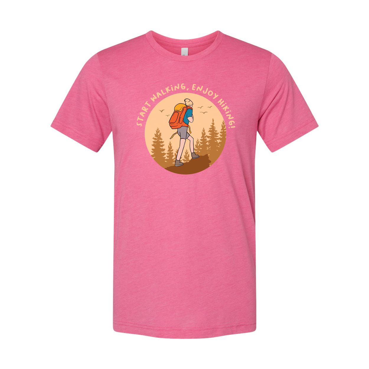 Unisex Outdoor Hiking T Shirt With Hiker Illustration In Circular Forest Scene For Adventurers