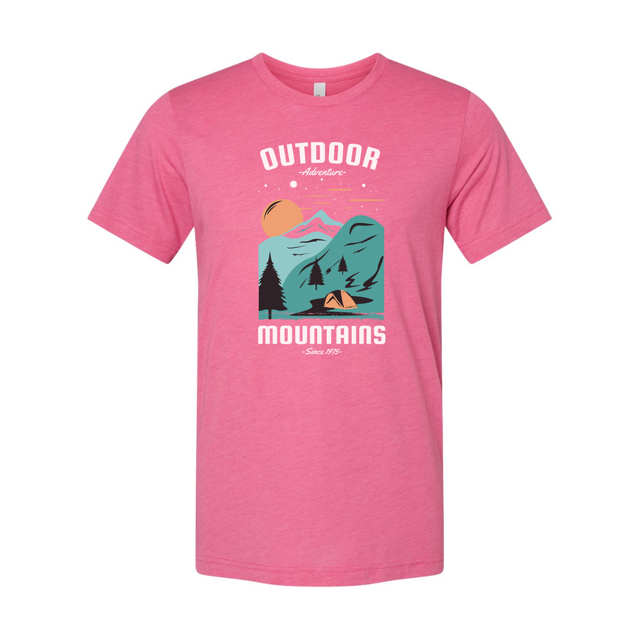 Unisex Outdoor Mountains Graphic Tee With Sunset Forest Scene And Tent For Adventure