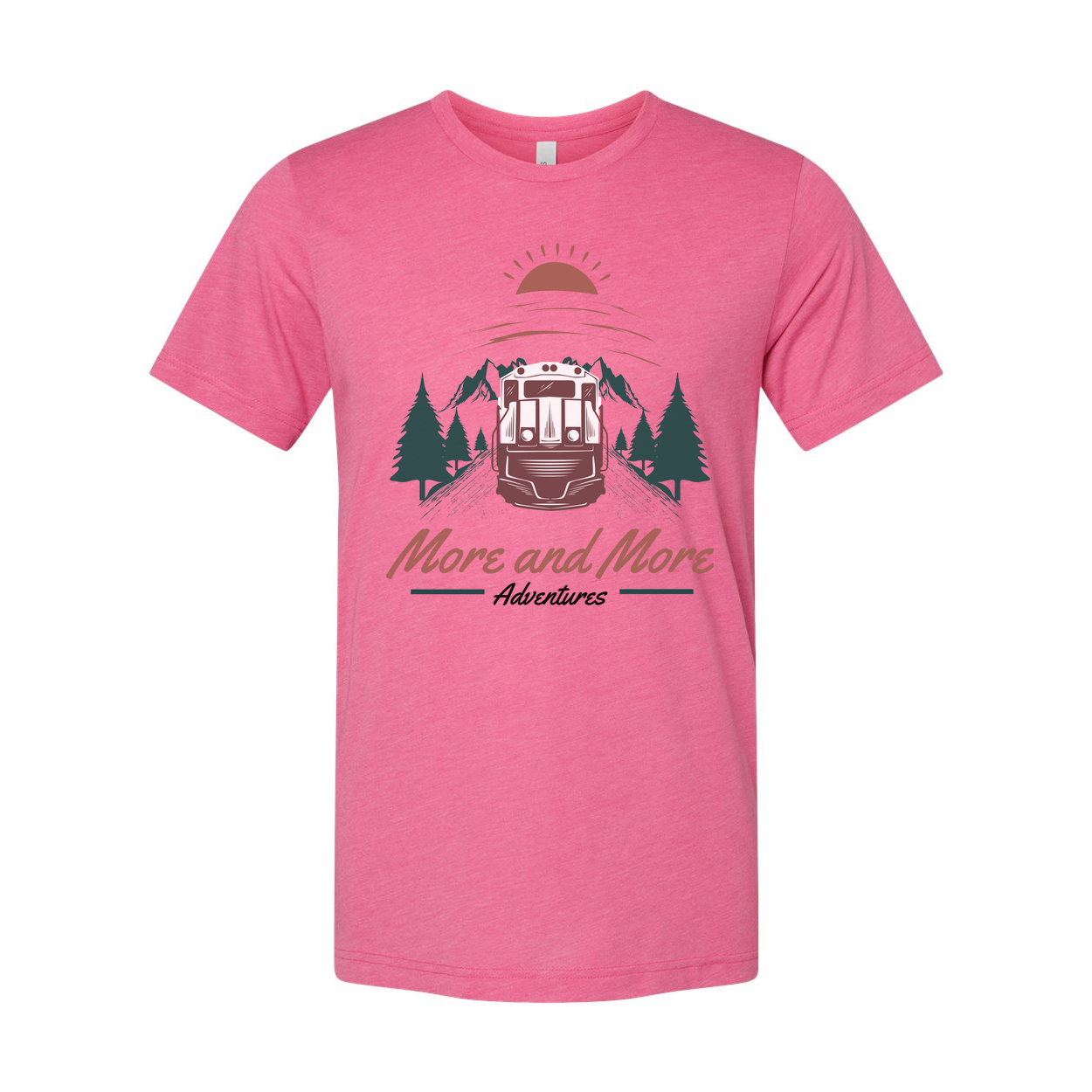 More And More Adventures Graphic Unisex T Shirt Featuring Mountain Range Pines And Sunrise