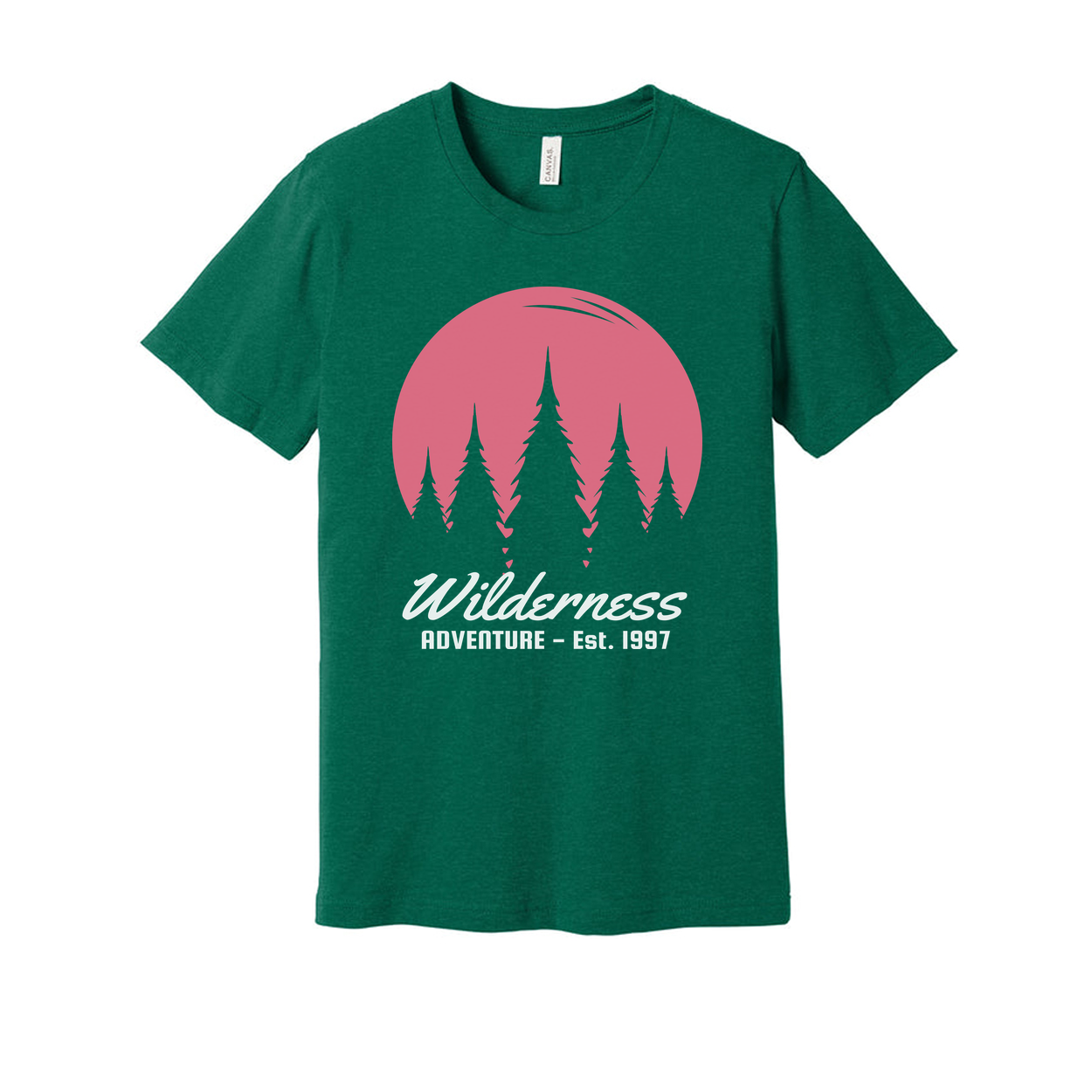 Wilderness Adventure Graphic Tee With Pink Sunset Pine Tree Silhouettes For Outdoors Unisex