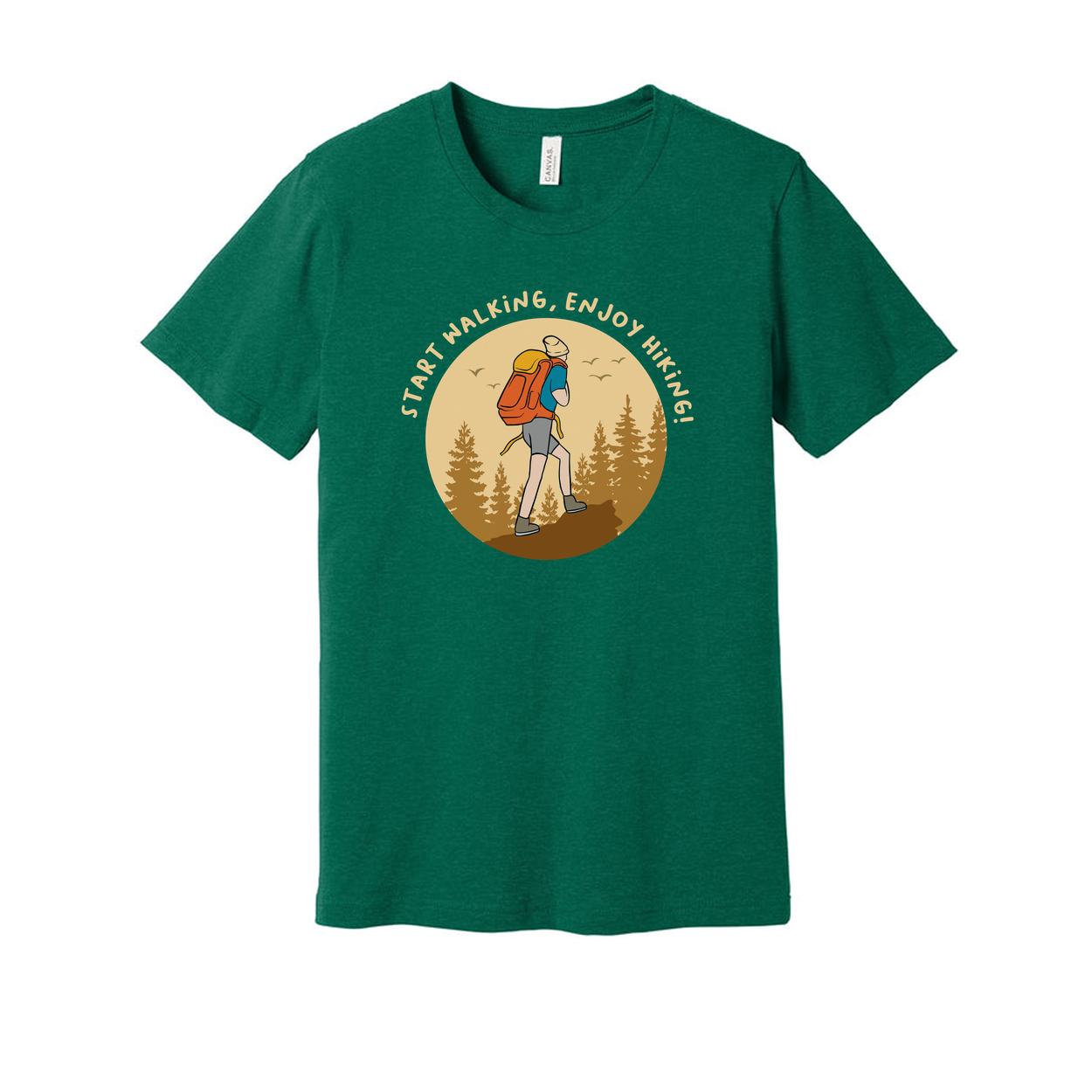 Unisex Outdoor Hiking T Shirt With Hiker Illustration In Circular Forest Scene For Adventurers