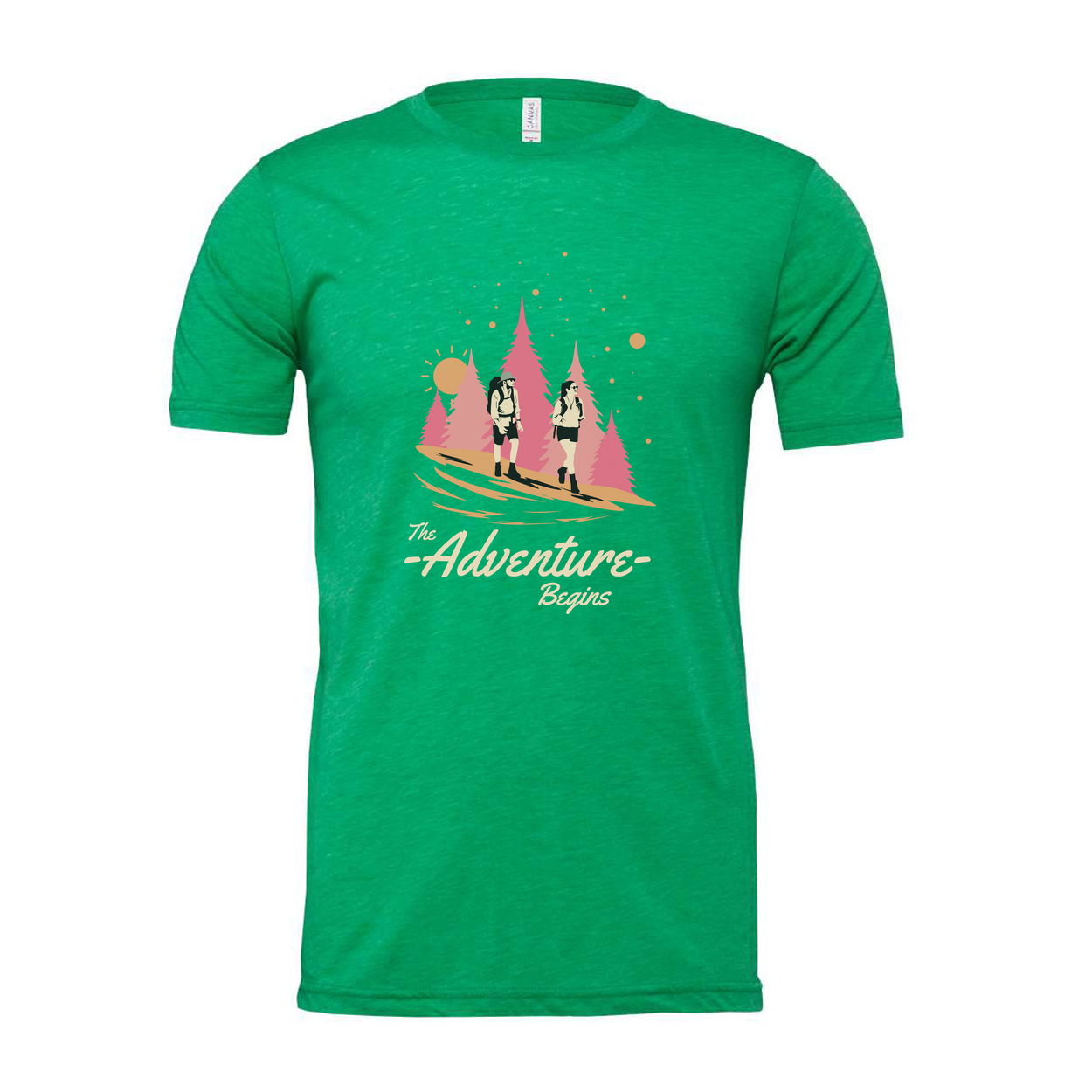Unisex Outdoors Graphic Tee With The Adventure Begins Forest Scene And Hikers Design
