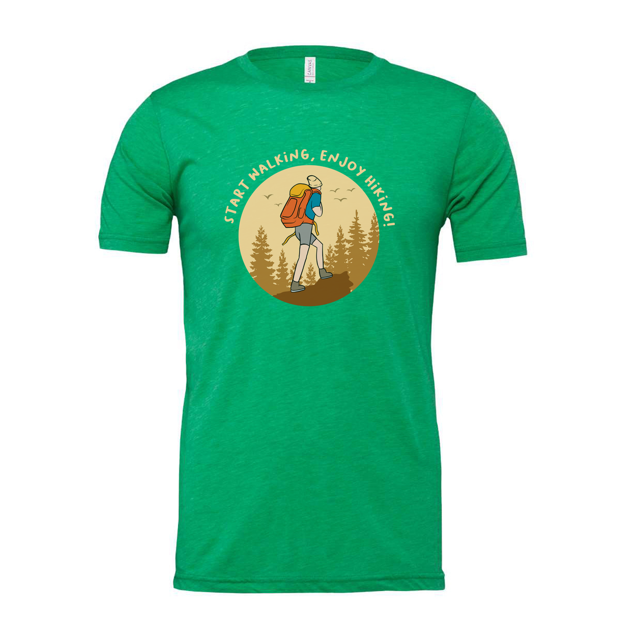 Unisex Outdoor Hiking T Shirt With Hiker Illustration In Circular Forest Scene For Adventurers