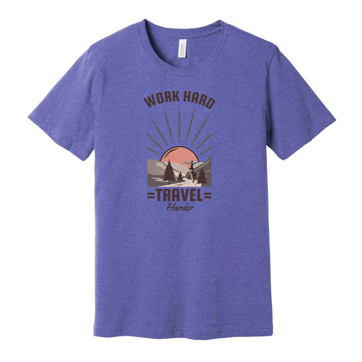 Work Hard Travel Harder Outdoor Adventure Graphic T Shirt With Sunrise Mountain Trail Design For Unisex