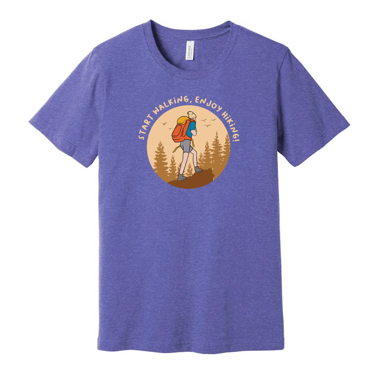 Unisex Outdoor Hiking T Shirt With Hiker Illustration In Circular Forest Scene For Adventurers