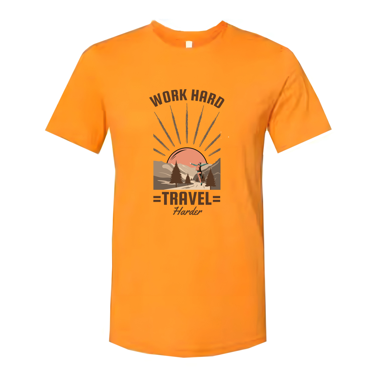 Work Hard Travel Harder Outdoor Adventure Graphic T Shirt With Sunrise Mountain Trail Design For Unisex