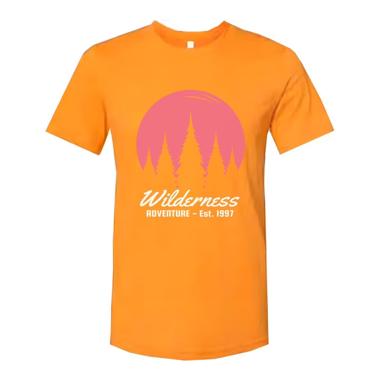 Wilderness Adventure Graphic Tee With Pink Sunset Pine Tree Silhouettes For Outdoors Unisex