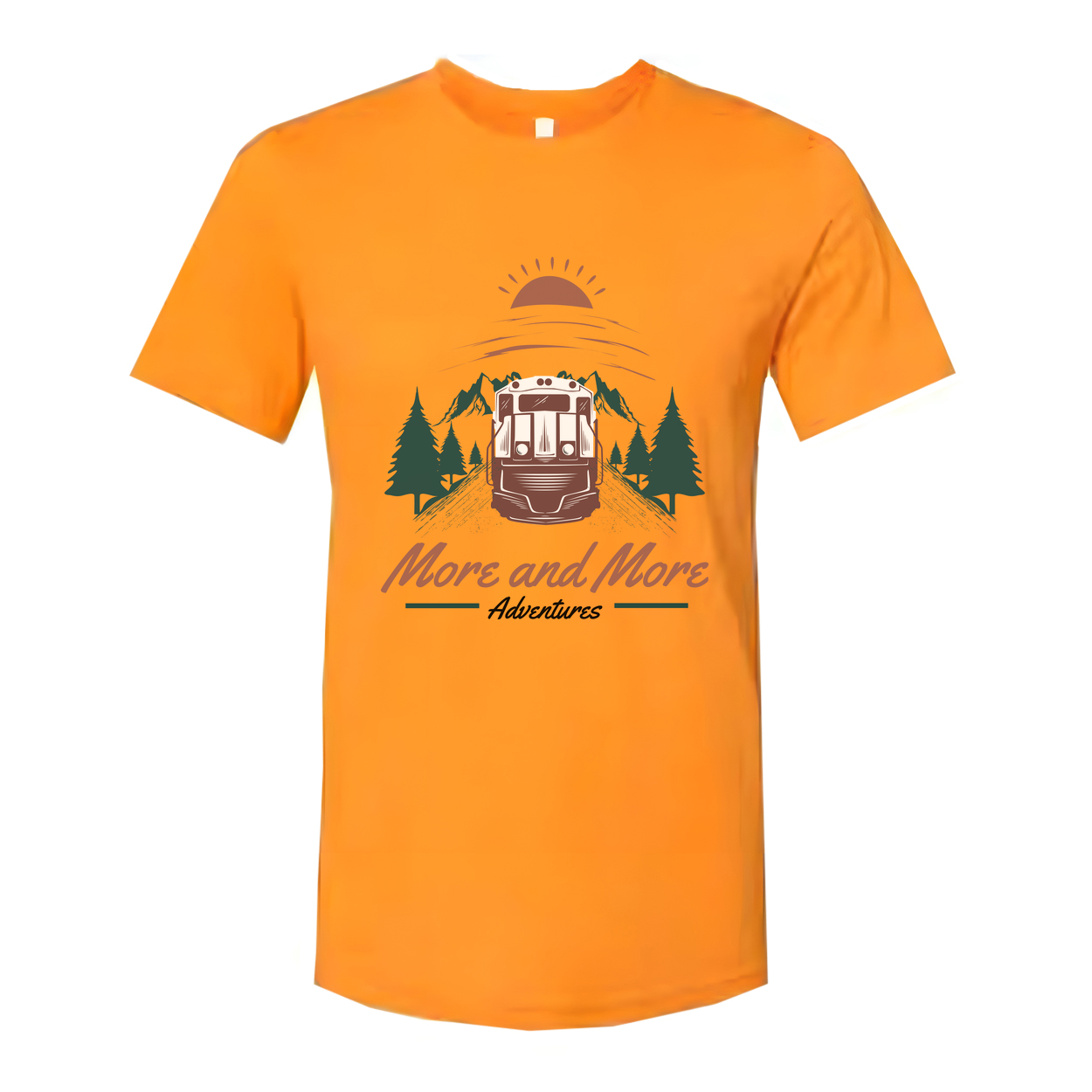 More And More Adventures Graphic Unisex T Shirt Featuring Mountain Range Pines And Sunrise