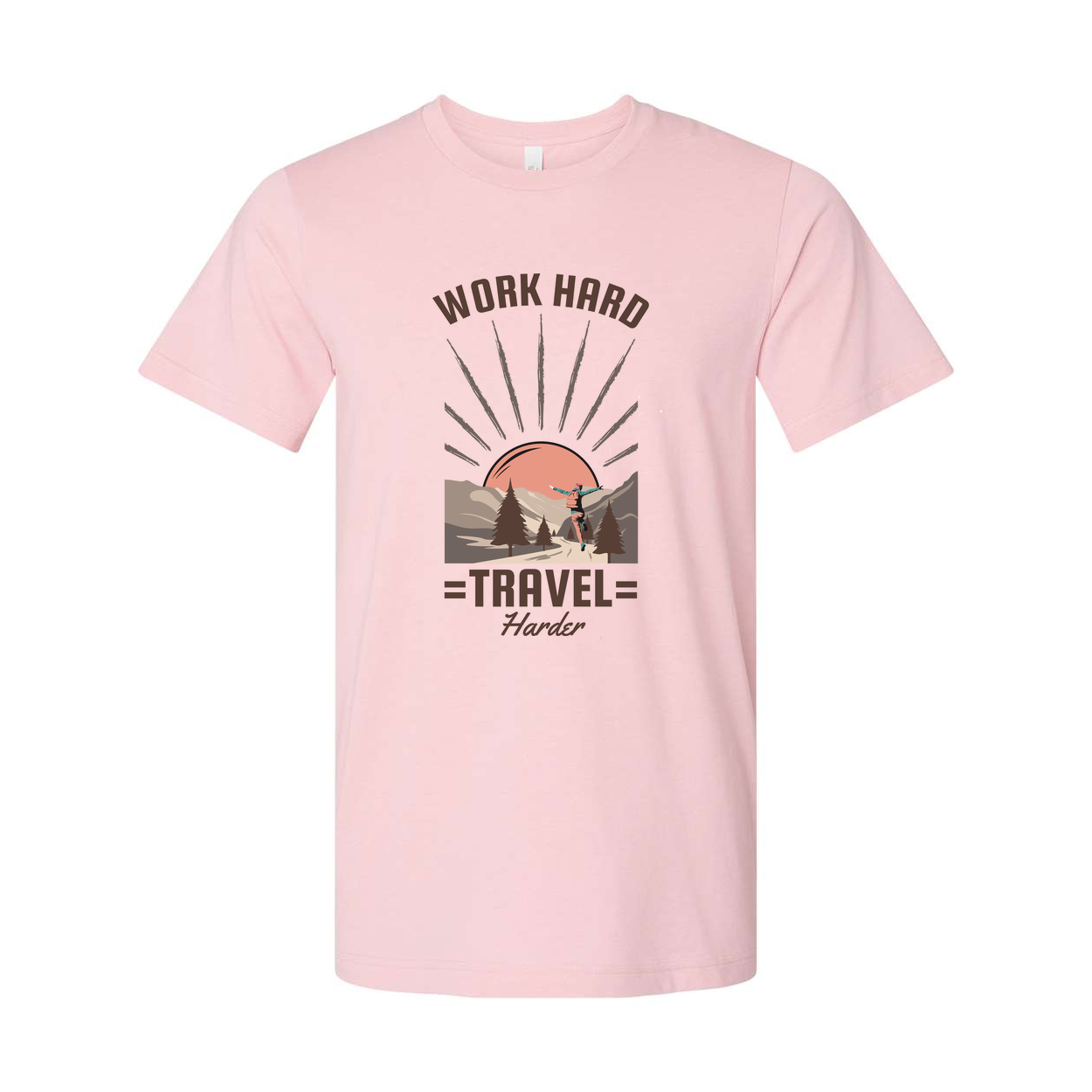 Work Hard Travel Harder Outdoor Adventure Graphic T Shirt With Sunrise Mountain Trail Design For Unisex