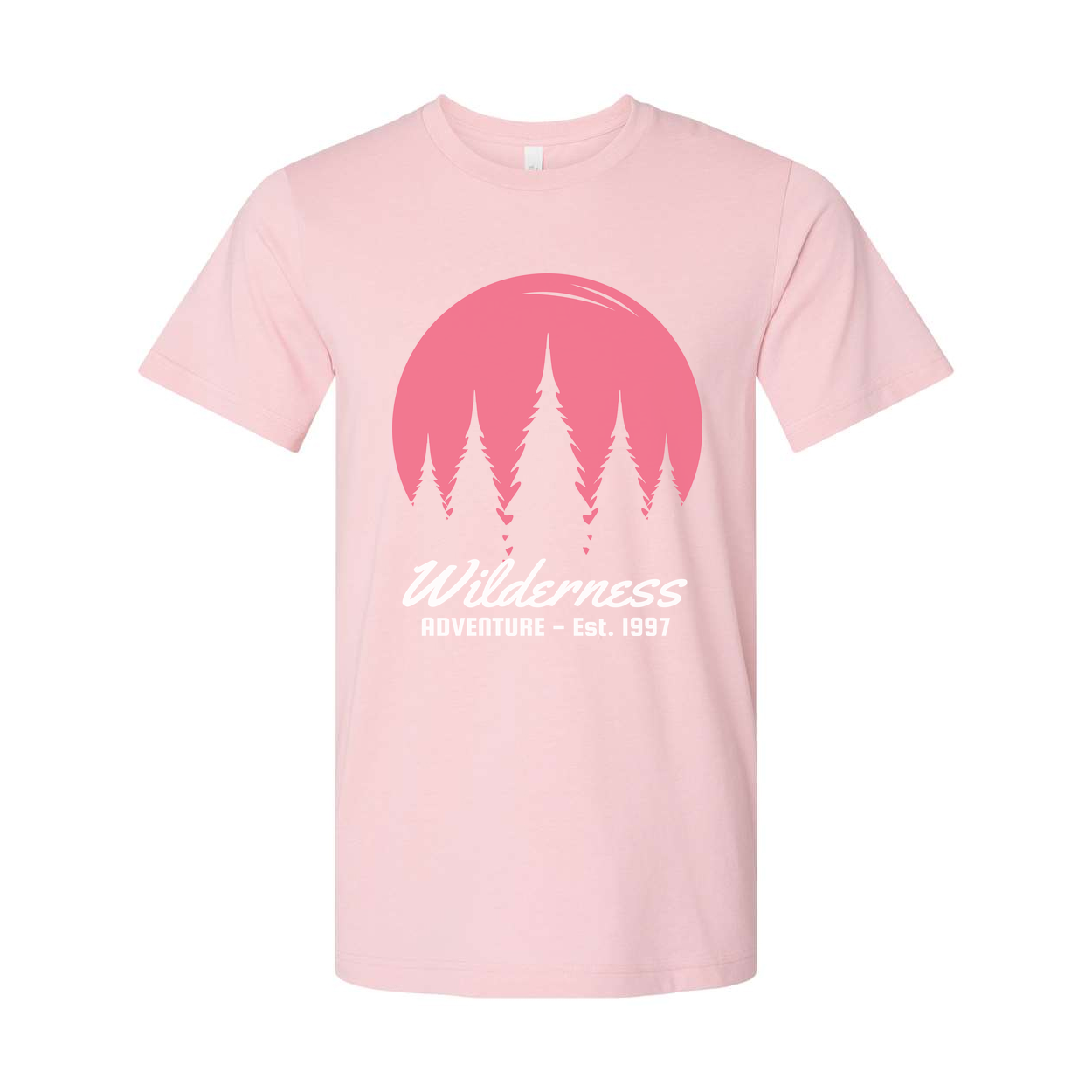 Wilderness Adventure Graphic Tee With Pink Sunset Pine Tree Silhouettes For Outdoors Unisex