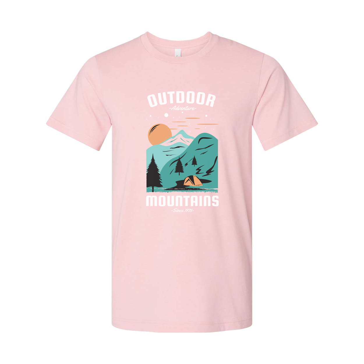 Unisex Outdoor Mountains Graphic Tee With Sunset Forest Scene And Tent For Adventure