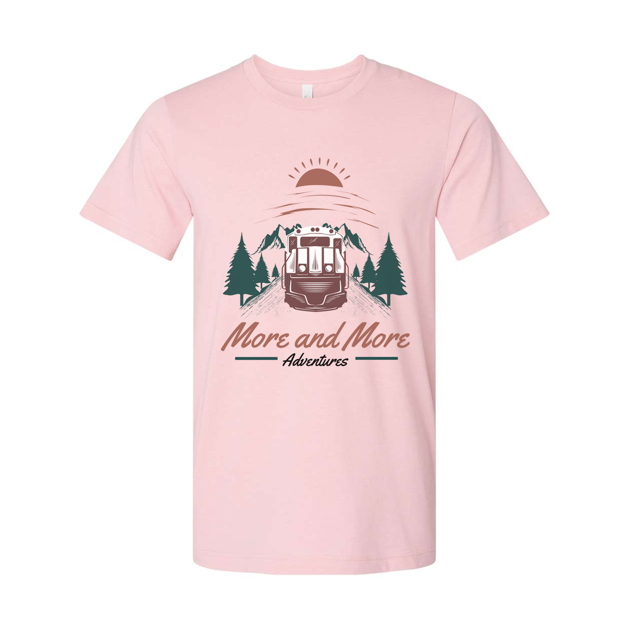 More And More Adventures Graphic Unisex T Shirt Featuring Mountain Range Pines And Sunrise