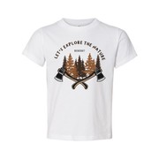Unisex Outdoor T Shirt With Forest Scene And Crossed Axes Graphic Bushcraft Design