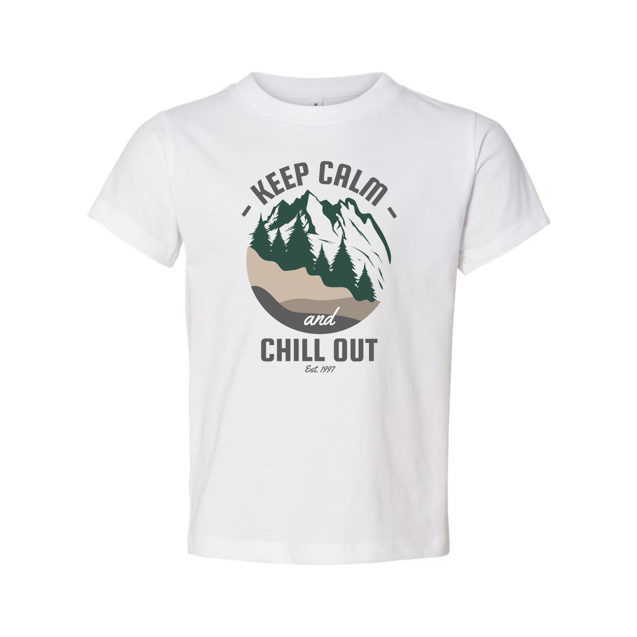 Keep Calm And Chill Out Graphic Tee With Mountain Landscape And Forest Scene Pattern