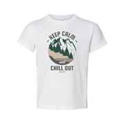 Keep Calm And Chill Out Graphic Tee With Mountain Landscape And Forest Scene Pattern